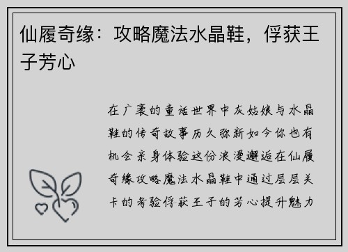 仙履奇缘：攻略魔法水晶鞋，俘获王子芳心